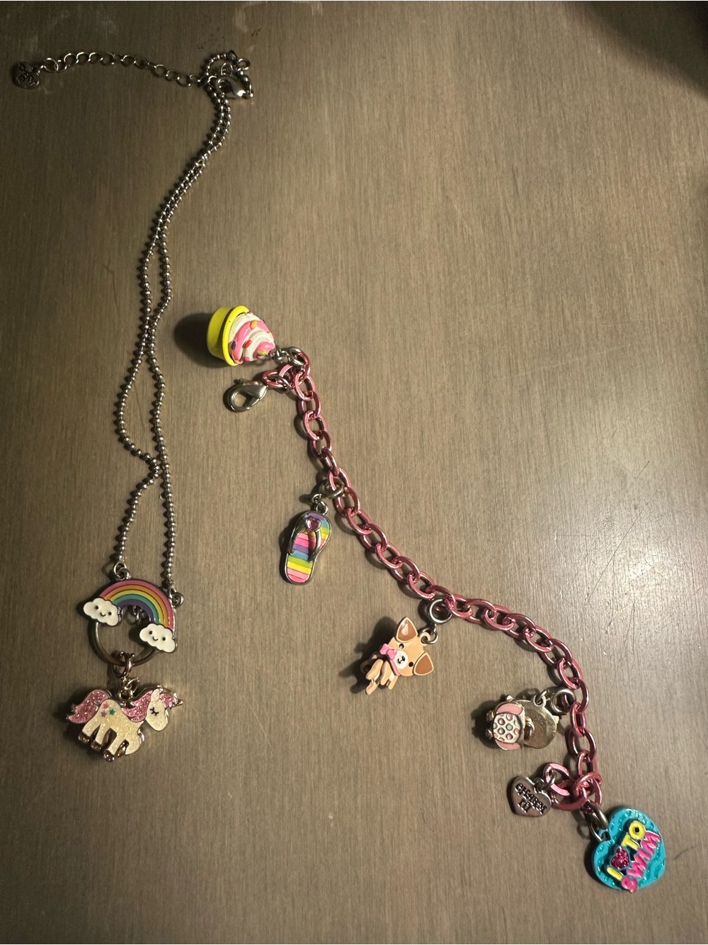 Kids Pink Charm Bracelet and Rainbow Unicorn Necklace Set